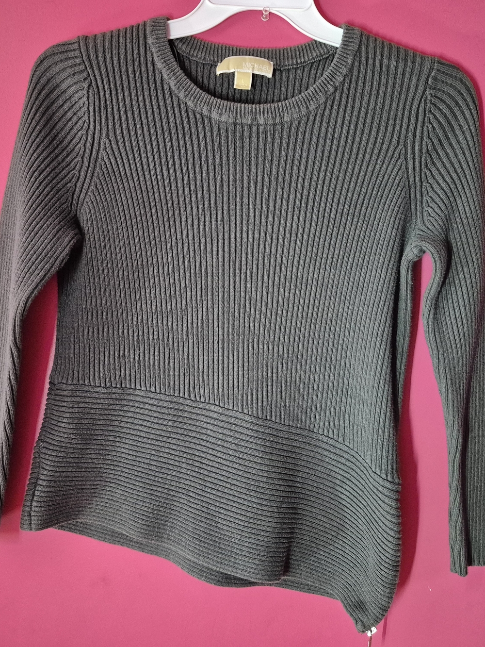 Michael Kors Charcoal Gray Ribbed Asymmetrical Crewneck Sweater